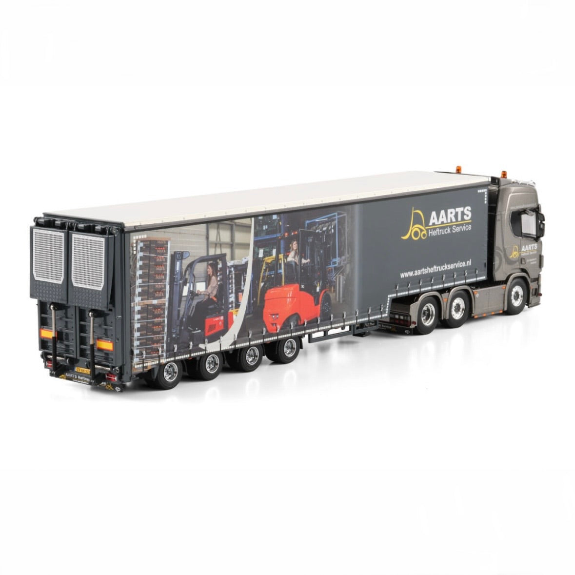 WSI Aarts Heftruck Service Scania R Highline CR20h with Fork Lift Delivery Curtained Low Loader Trailer rear view