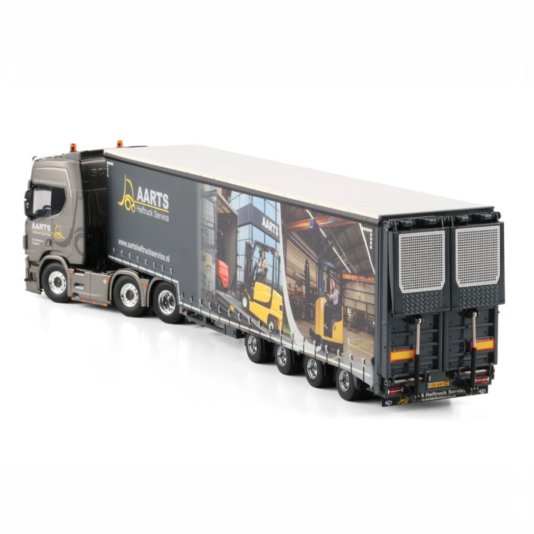 WSI Aarts Heftruck Service Scania R Highline CR20h with Fork Lift Delivery Curtained Low Loader Trailer rear corner view