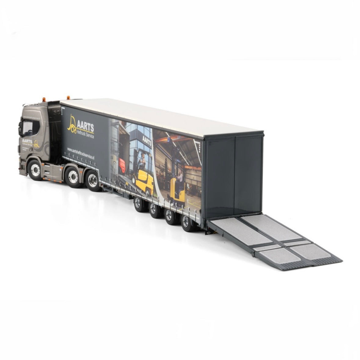 WSI Aarts Heftruck Service Scania R Highline CR20h with Fork Lift Delivery Curtained Low Loader Trailer rear detail view