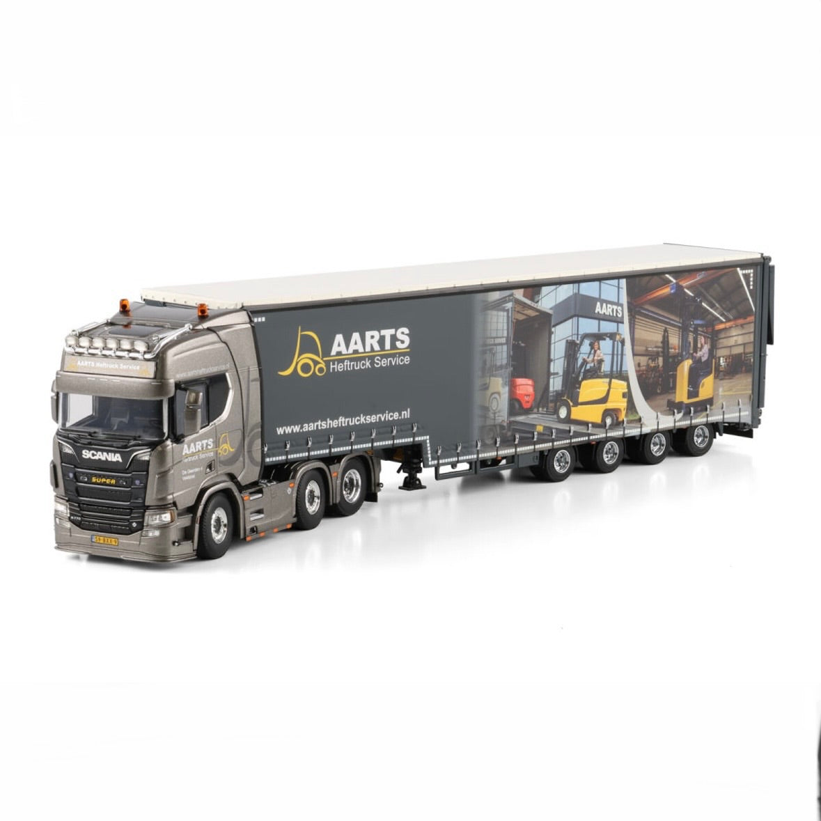 WSI Aarts Heftruck Service Scania R Highline CR20h with Fork Lift Delivery Curtained Low Loader Trailer side view