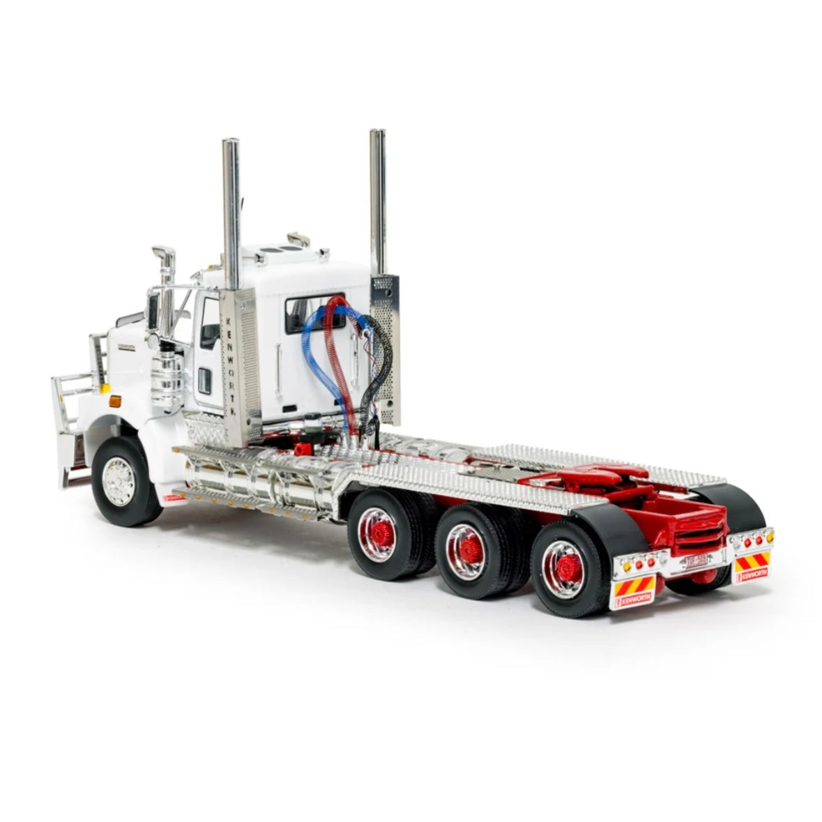 Drake Kenworth C509 Day Cab Tri Drive 8x6 White / Red rear side view