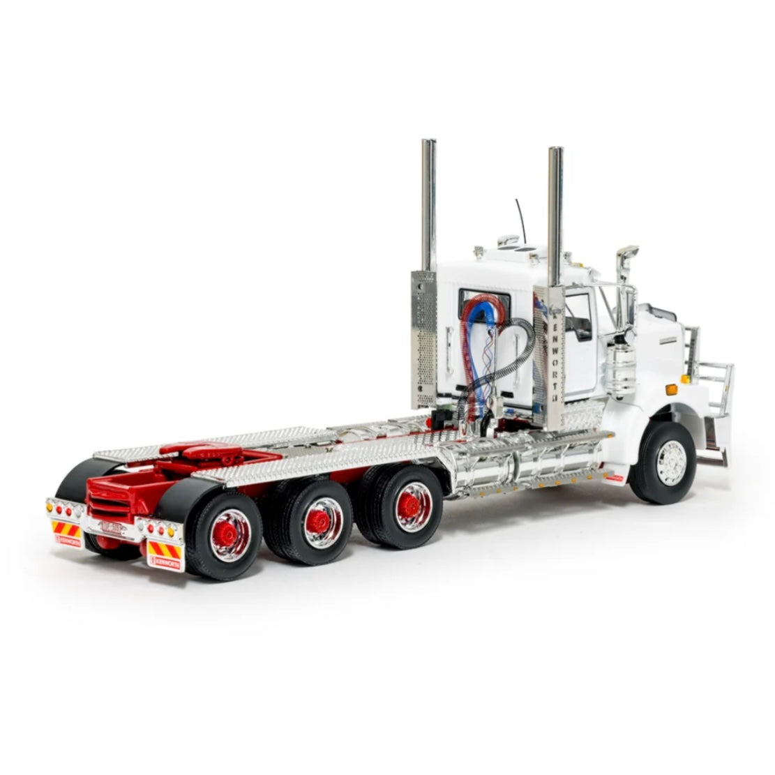 Drake Kenworth C509 Day Cab Tri Drive 8x6 White / Red rear corner view