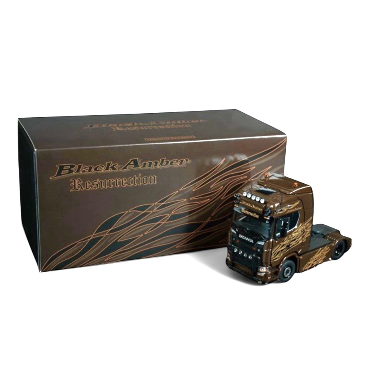 die cast model of a Scania  truck in black amber  livery made by IMC in 1/50 scale
