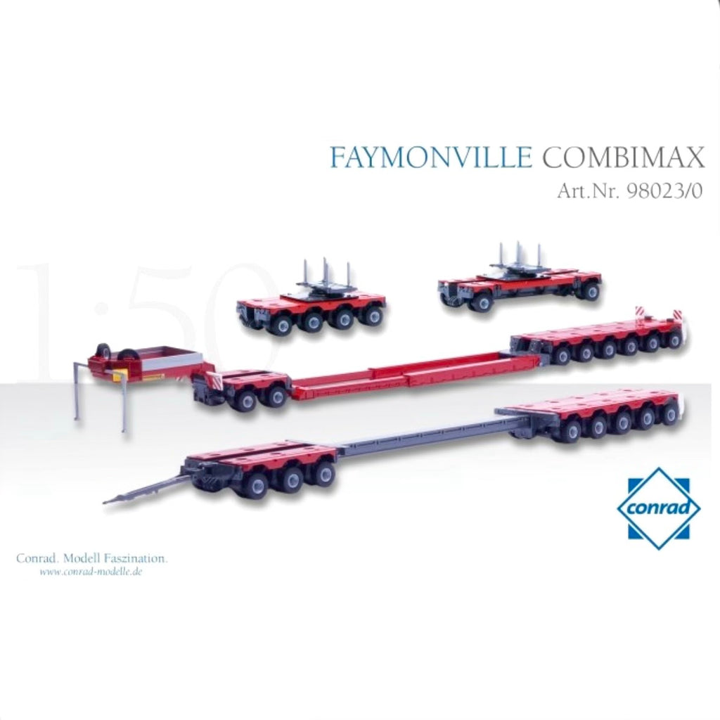 die cast model of a  low loader trailer in faymonville livery made by Conrad in 1/50 scale