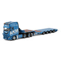 die cast model of a Scania lo loader truck in the livery of AKM made by WSI  in 1/50 scale