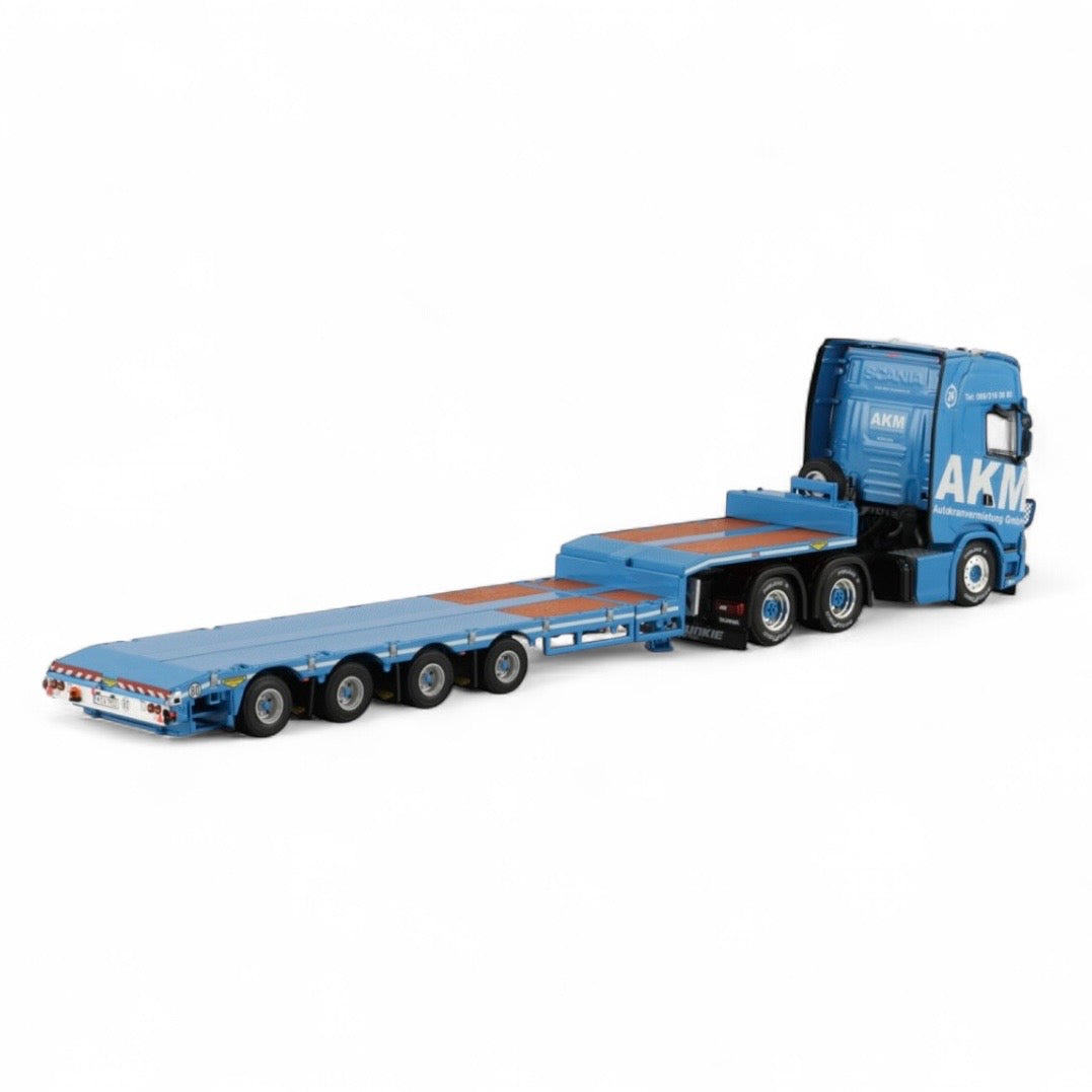 die cast model of a Scania lo loader truck in the livery of AKM made by WSI  in 1/50 scale