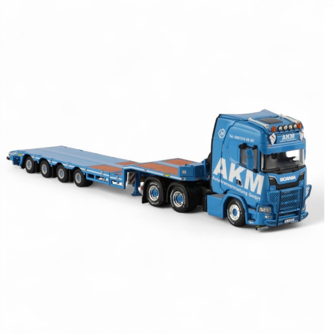 die cast model of a Scania lo loader truck in the livery of AKM made by WSI  in 1/50 scale