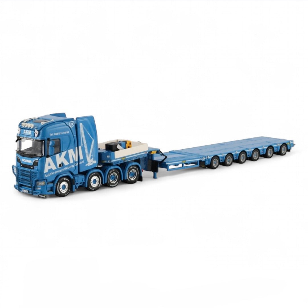 die cast model of a Scania lo loader truck in the livery of AKM made by WSI  in 1/50 scale