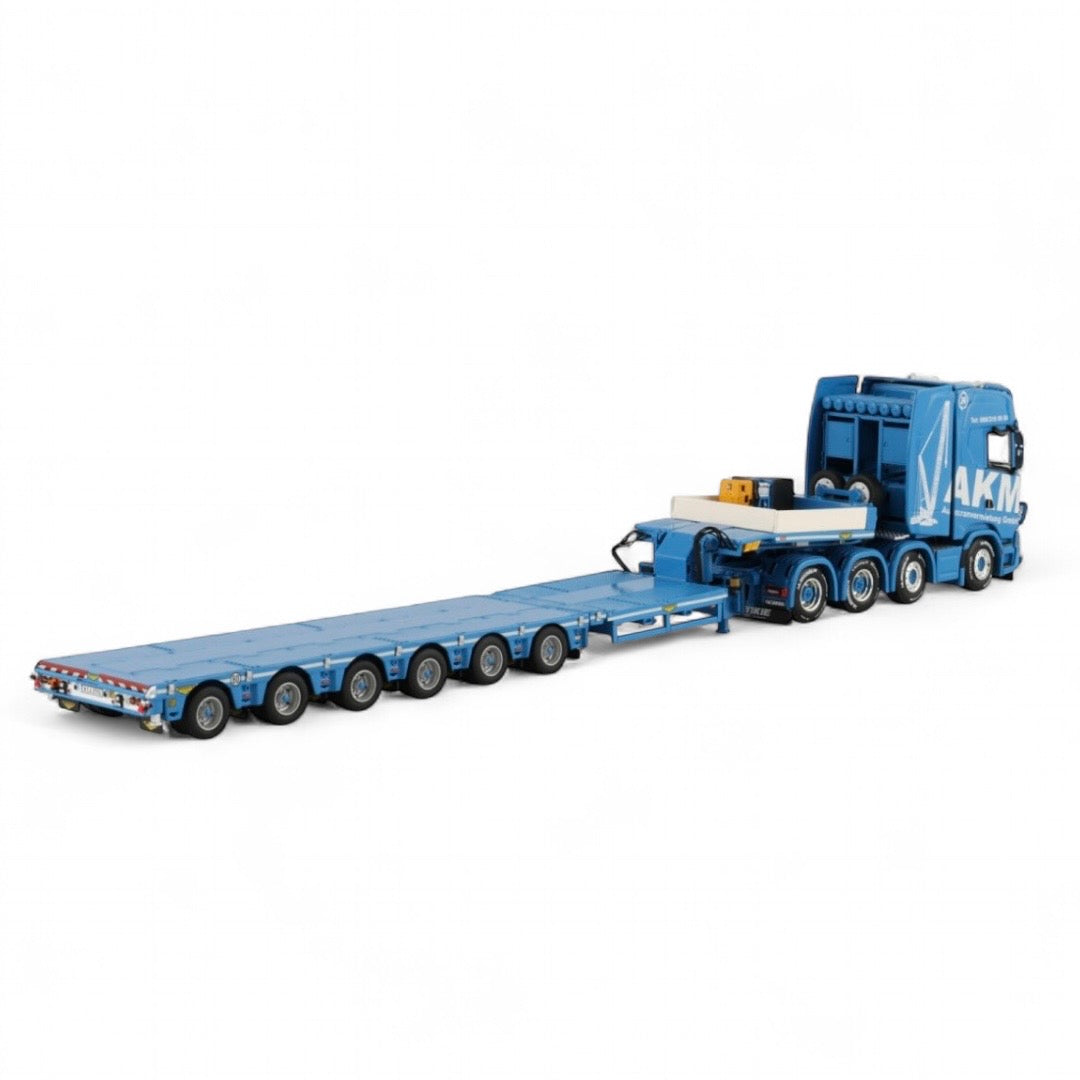 die cast model of a Scania lo loader truck in the livery of AKM made by WSI  in 1/50 scale