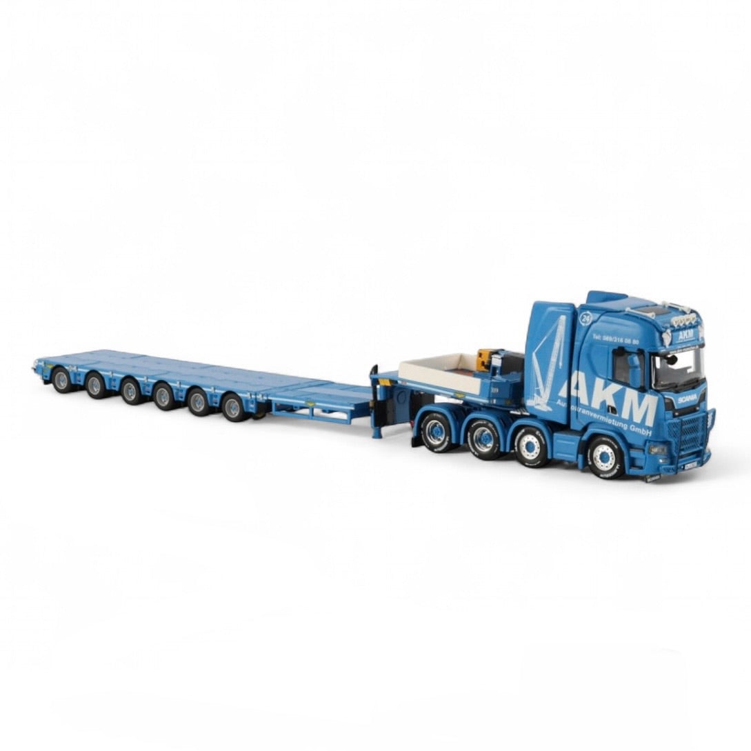 die cast model of a Scania lo loader truck in the livery of AKM made by WSI  in 1/50 scale