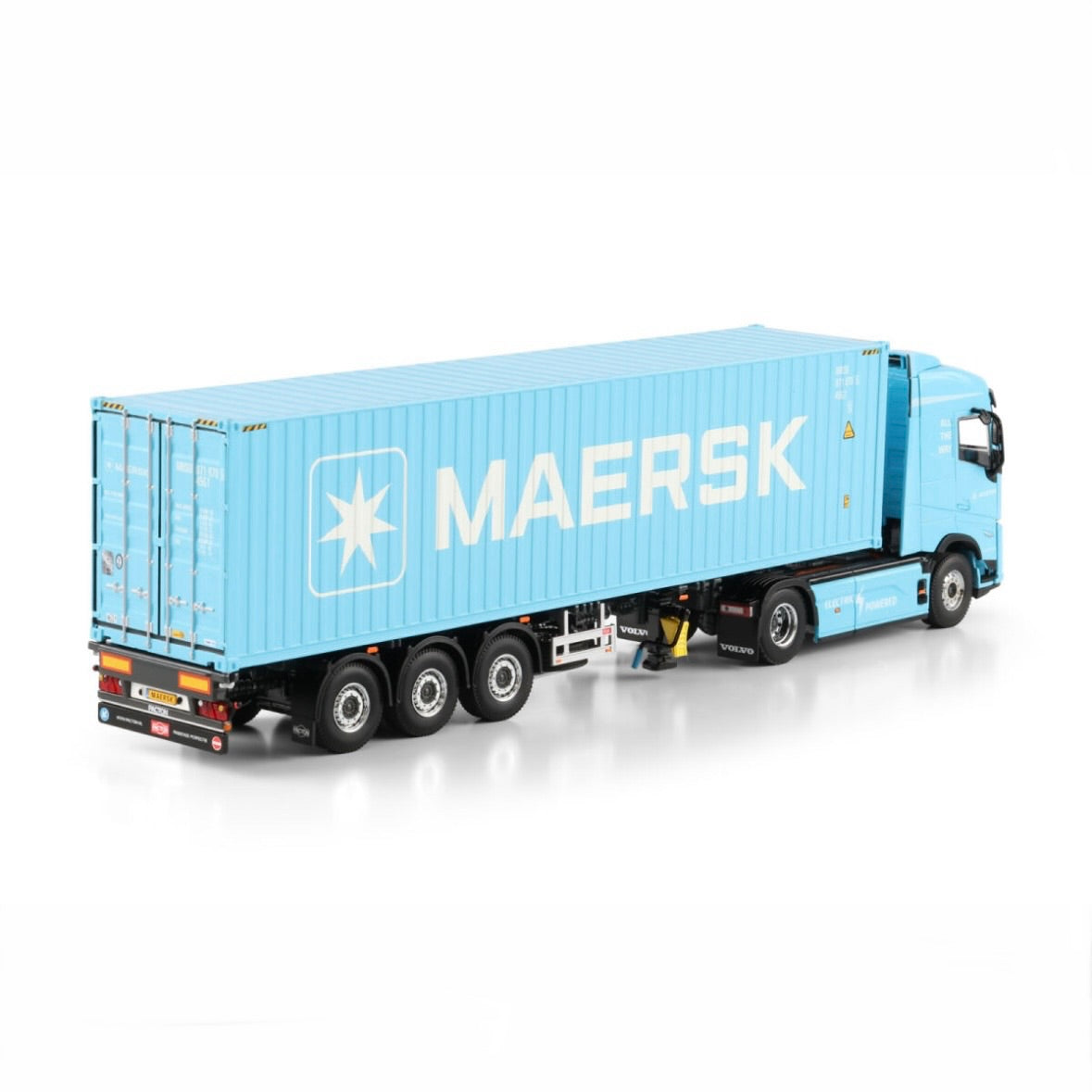 Volvo Globetrotter Electric 4x2 with 3-Axle Flex Trailer & Maersk 40ft HQ Container 1:50 rear view