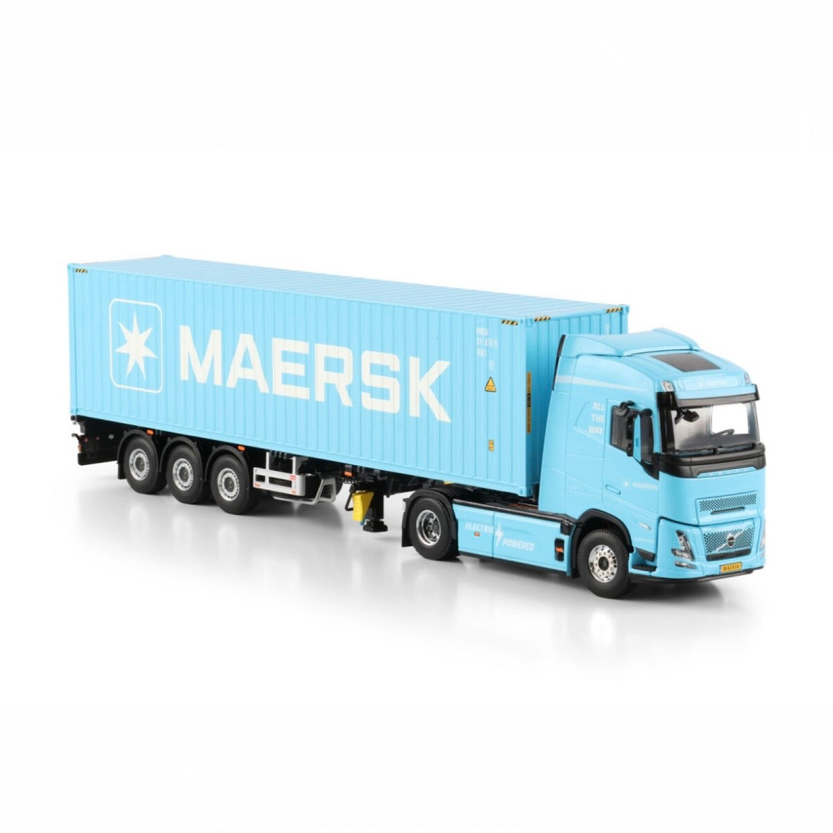 Volvo Globetrotter Electric 4x2 with 3-Axle Flex Trailer & Maersk 40ft HQ Container 1:50 detail view 