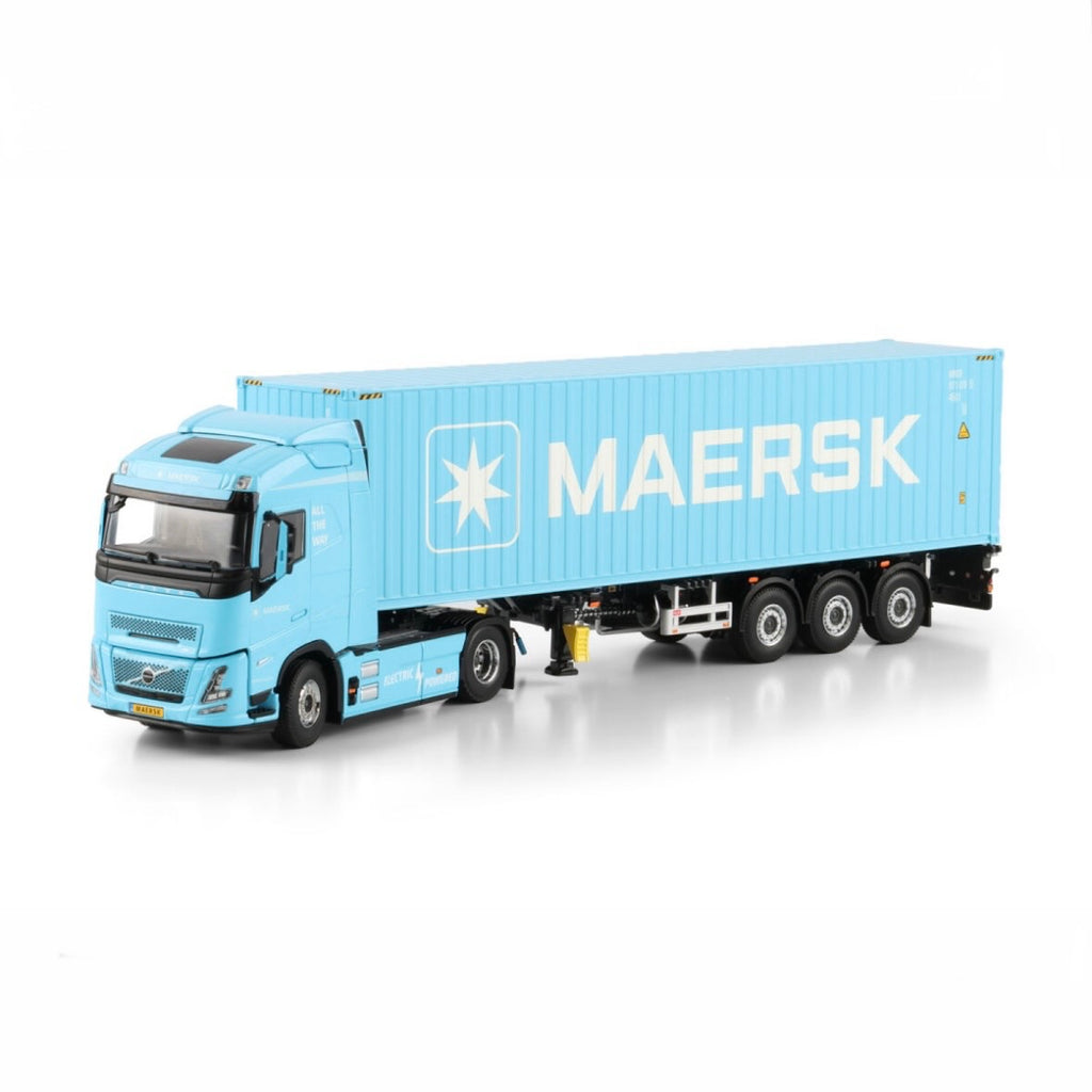 Volvo Globetrotter Electric 4x2 with 3-Axle Flex Trailer & Maersk 40ft HQ Container 1:50 quarter view