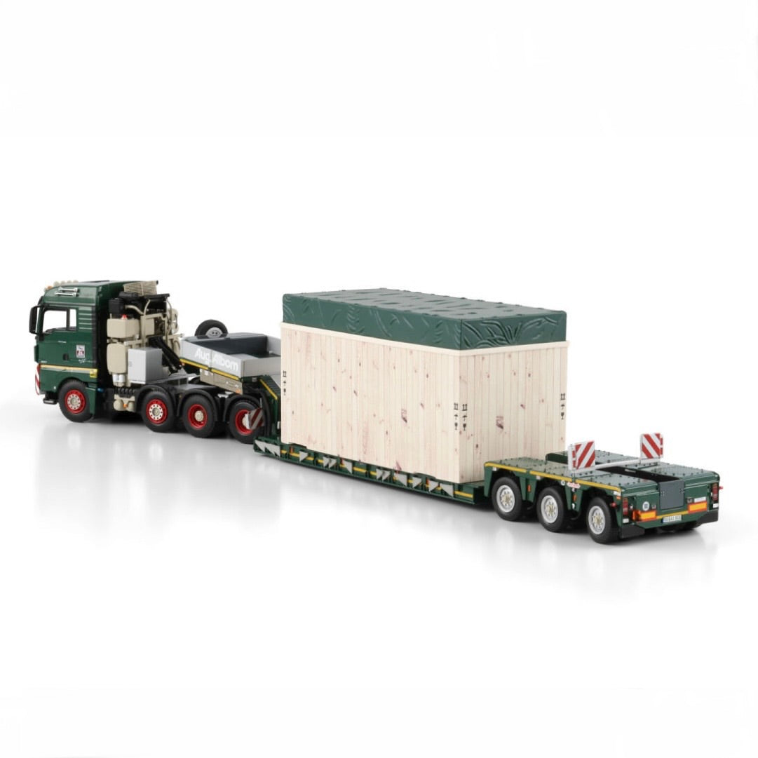 WSI August Alborn MAN TGX XLX 8x4 Low Loader with High Wooden Box 1:50 Scale Model rear side view