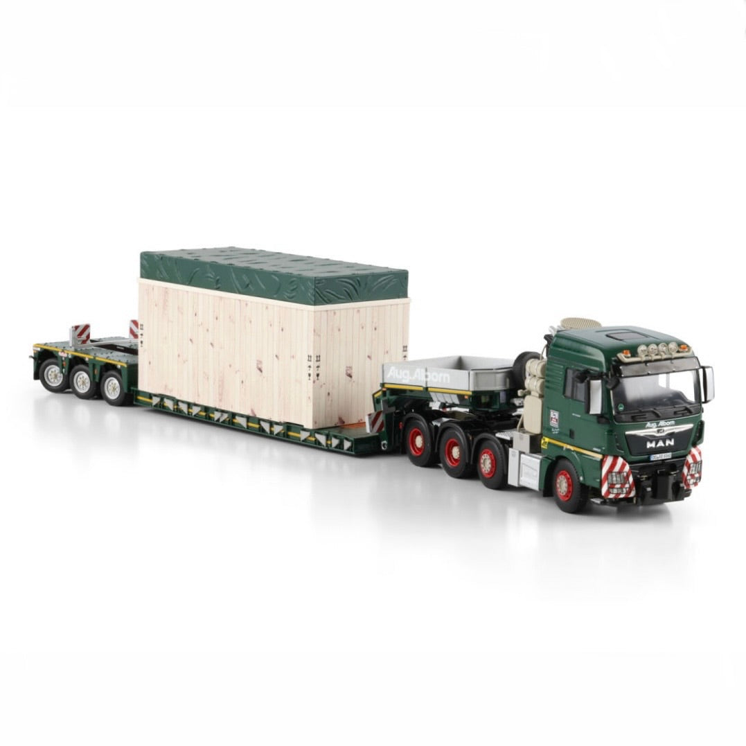 WSI August Alborn MAN TGX XLX 8x4 Low Loader with High Wooden Box 1:50 Scale Model detail view