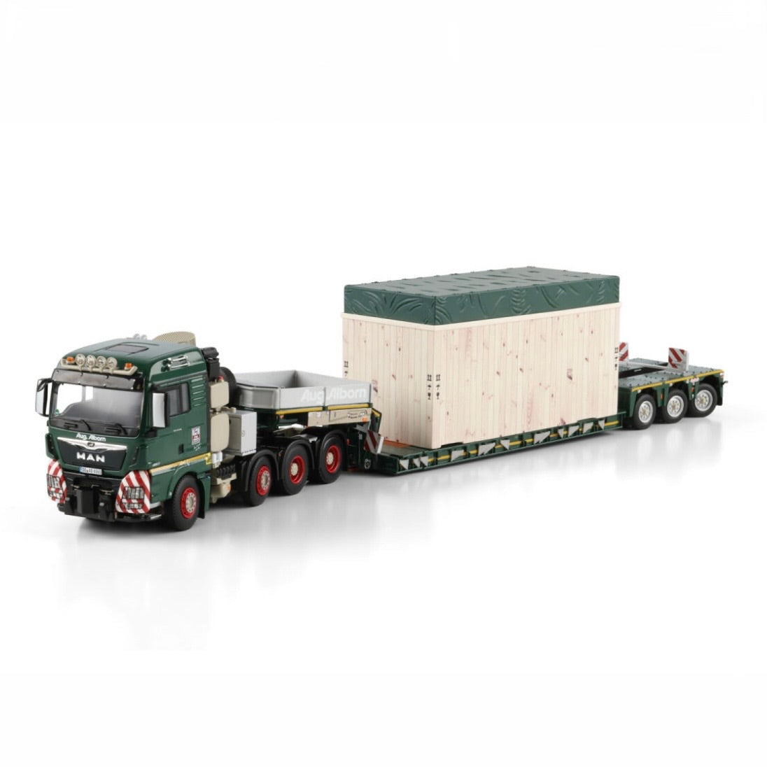 WSI August Alborn MAN TGX XLX 8x4 Low Loader with High Wooden Box 1:50 Scale Model front view