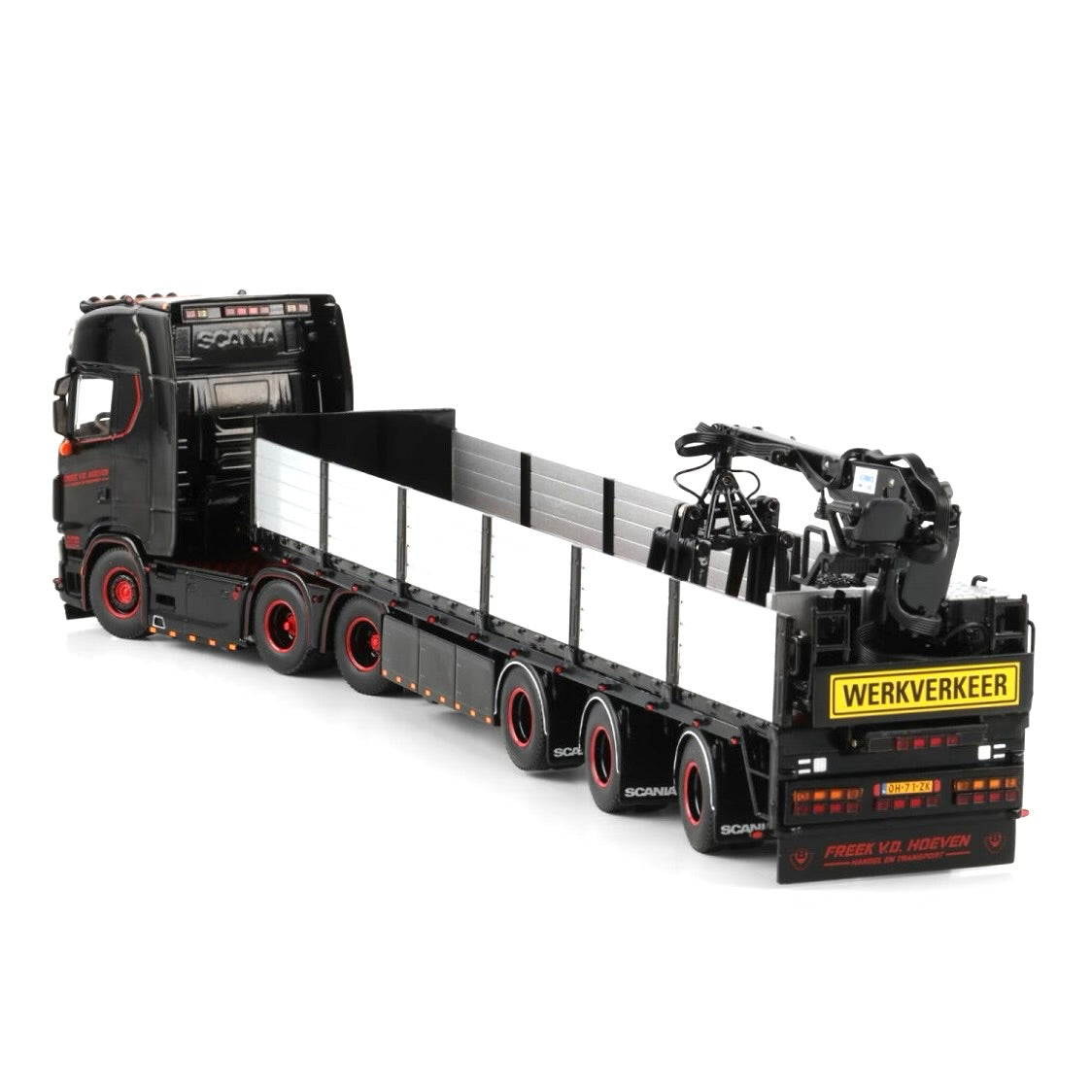 WSI Freek v.d. Hoeven Scania S Highline CS20H 6x2 with Brick Trailer 1:50 Scale Model left corner view