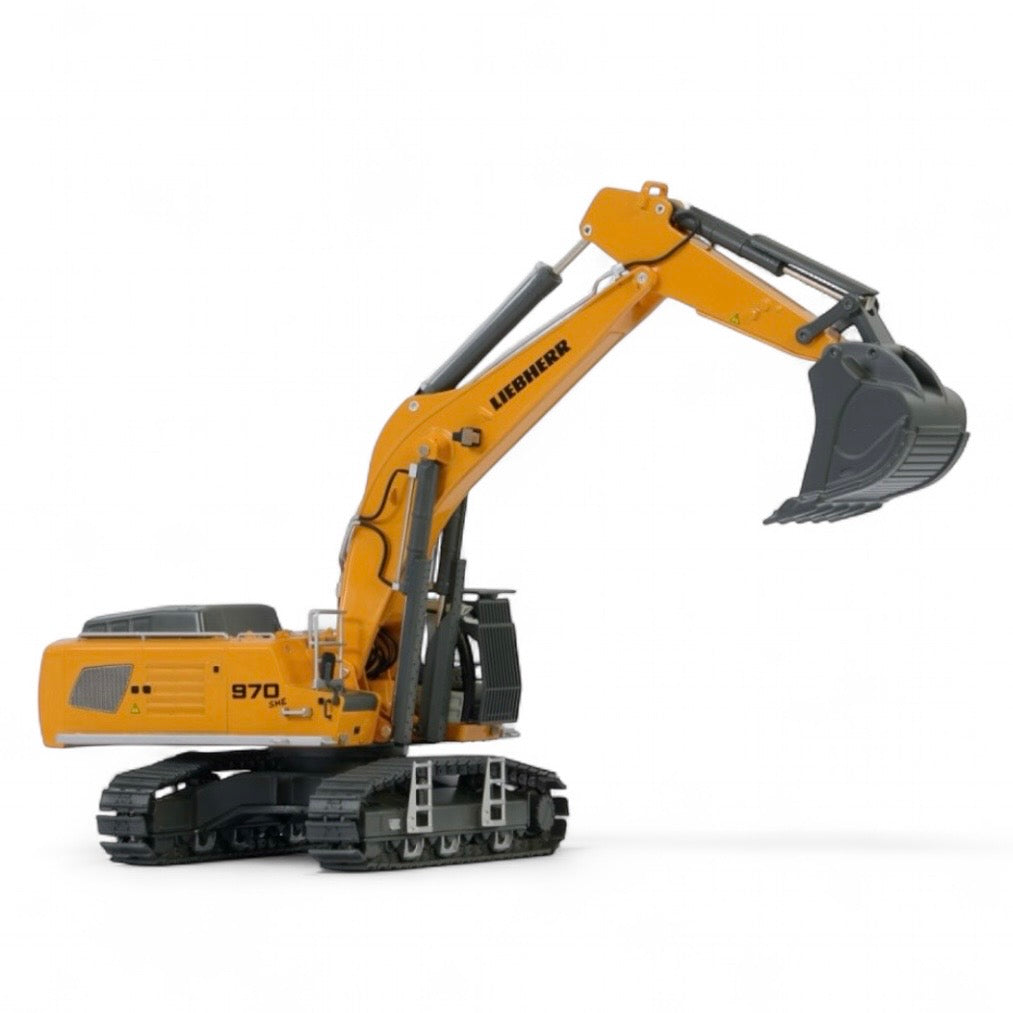 Yellow toy excavator on a white background