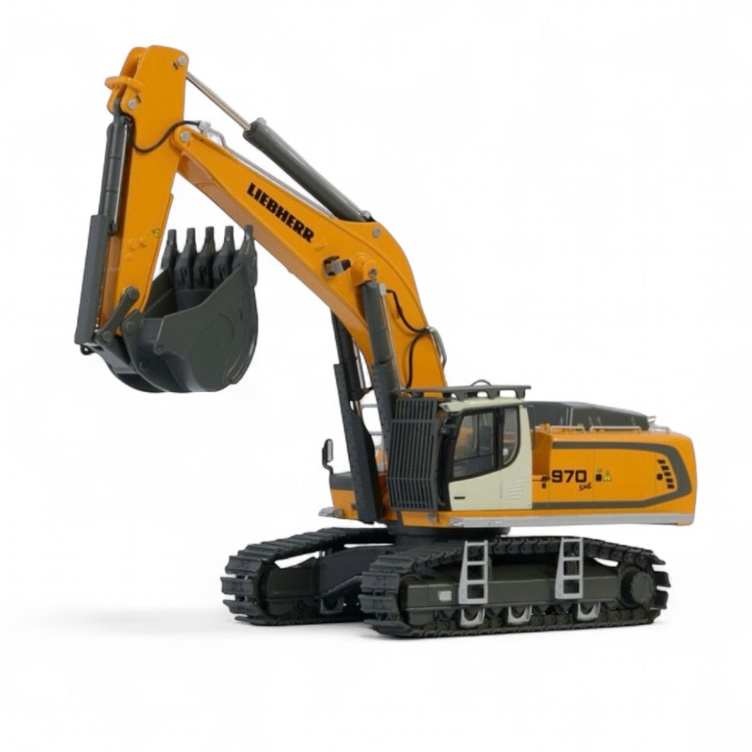 Close-up of detailed operator cab on WSI Liebherr R970 excavator model"