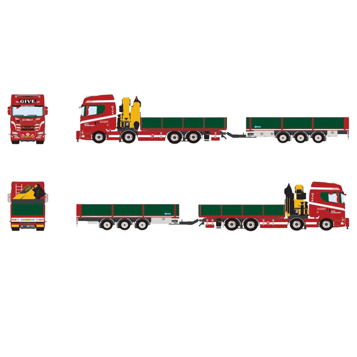 WSI Give Scania S Highline CS20H Palfinger PK 480 Technical Flatbed 8x2 Tag with Flatbed Drawbar Trailer (Pre Order)