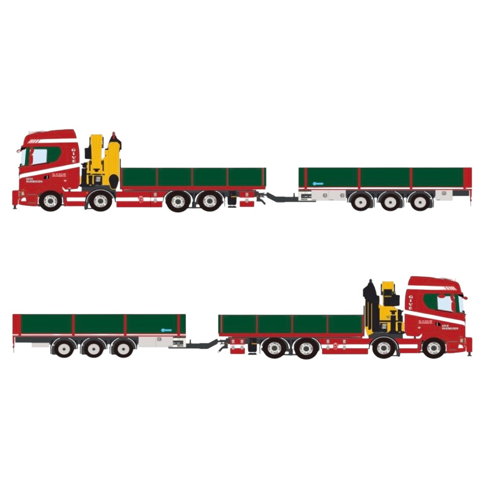 WSI Give Scania S Highline CS20H Palfinger PK 480 Technical Flatbed 8x2 Tag with Flatbed Drawbar Trailer 1:50 scale model