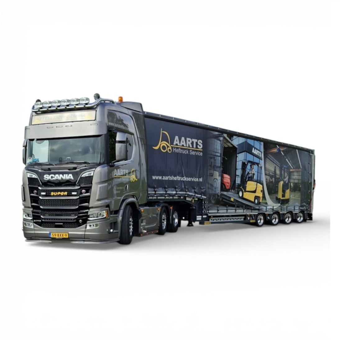 WSI Aarts Heftruck Service Scania R Highline CR20h with Fork Lift Delivery Curtained Low Loader Trailer (Pre Order)