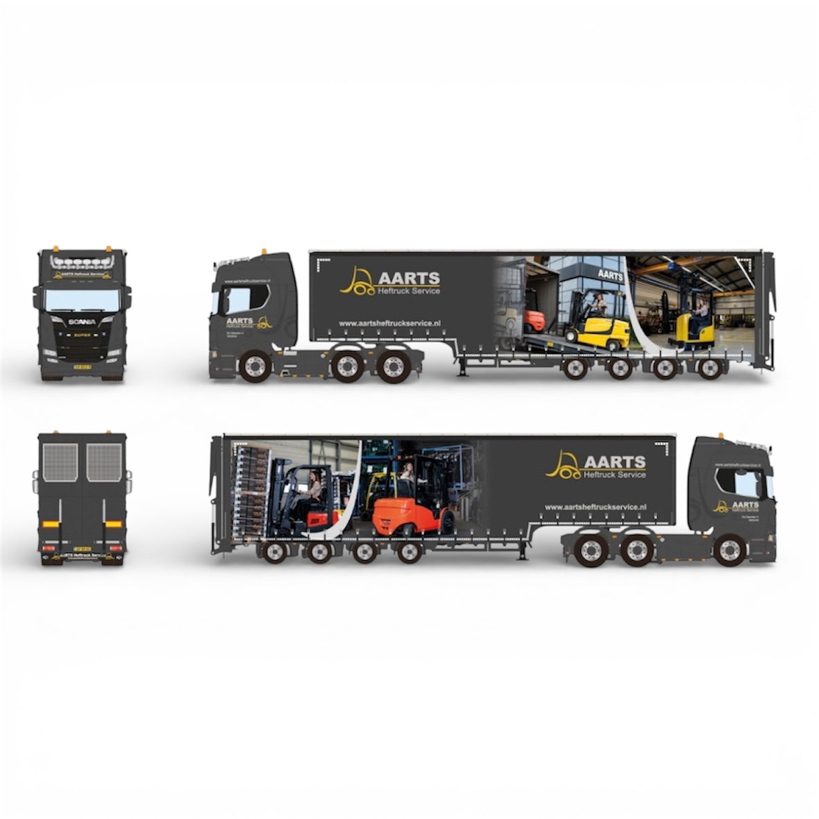 WSI Aarts Heftruck Service Scania R Highline CR20h with Fork Lift Delivery Curtained Low Loader Trailer (Pre Order)