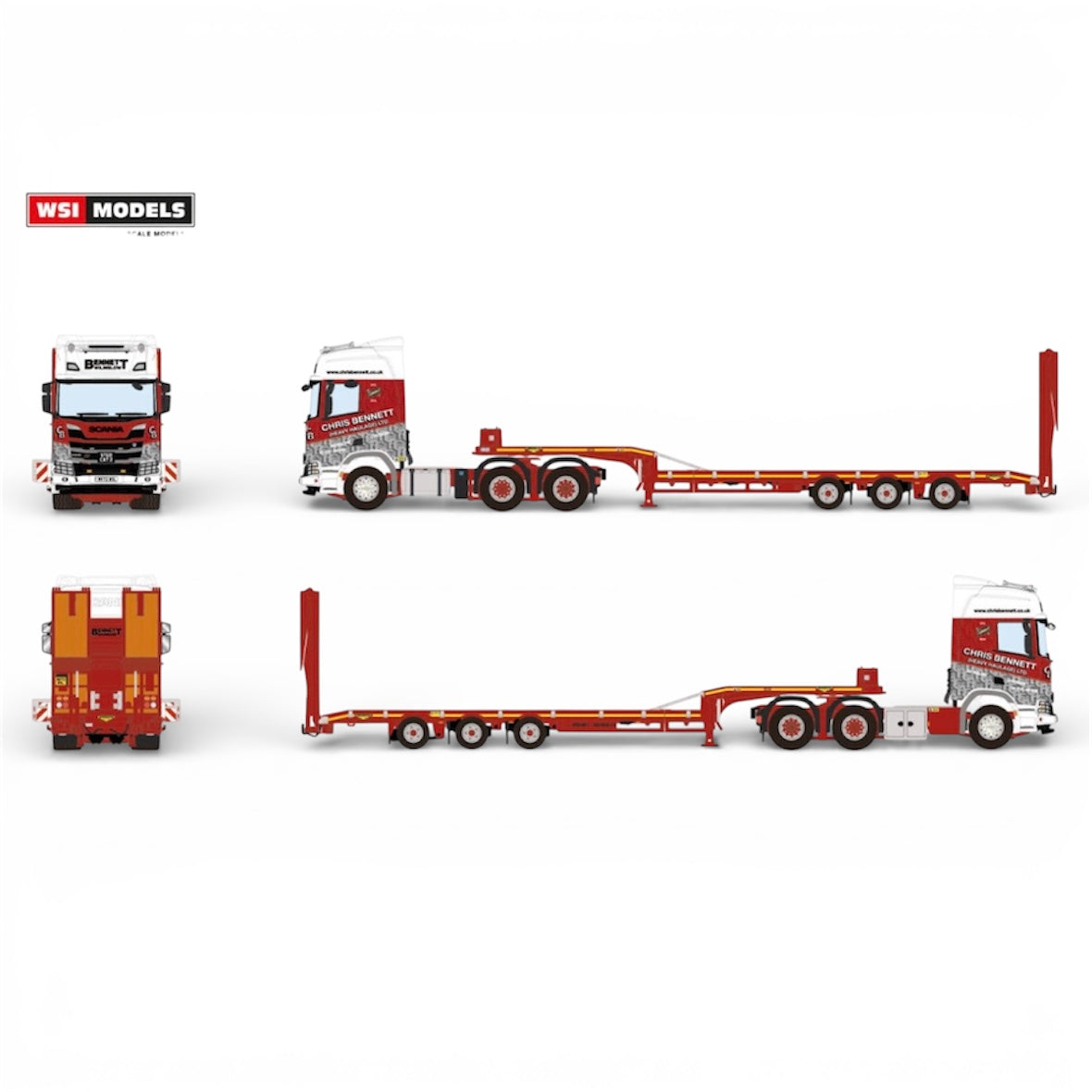WSI Chris Bennett Scania R Highline CR20H 6x2 Tag Axle with Broshuis Semi Low Loader with Ramps (Pre Order)