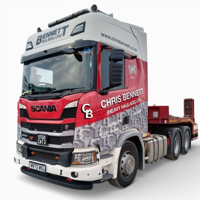 WSI Chris Bennett Scania R Highline CR20H 6x2 Tag Axle with Broshuis Semi Low Loader with Ramps 1:50 scale model