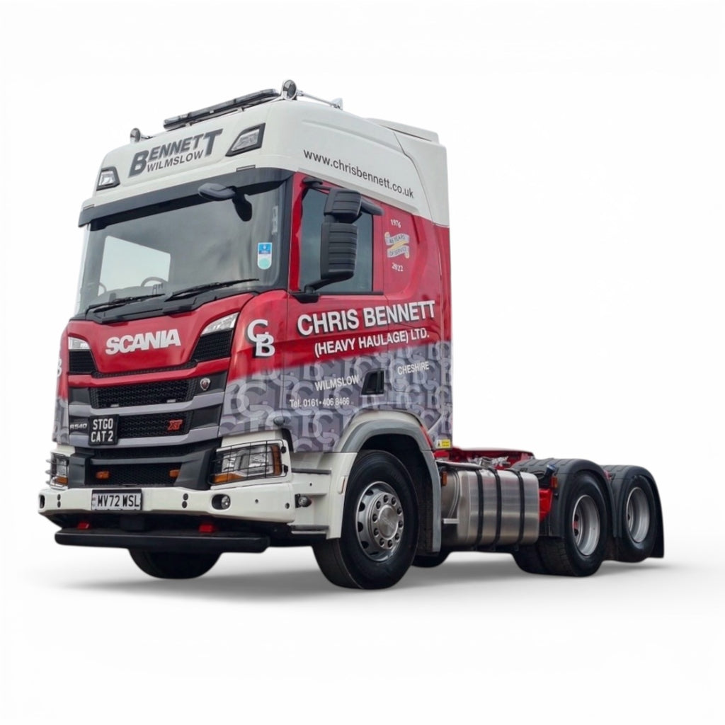 WSI Chris Bennett Scania R Highline CR20H 6x2 Tag Axle with Broshuis Semi Low Loader with Ramps 1:50 scale model