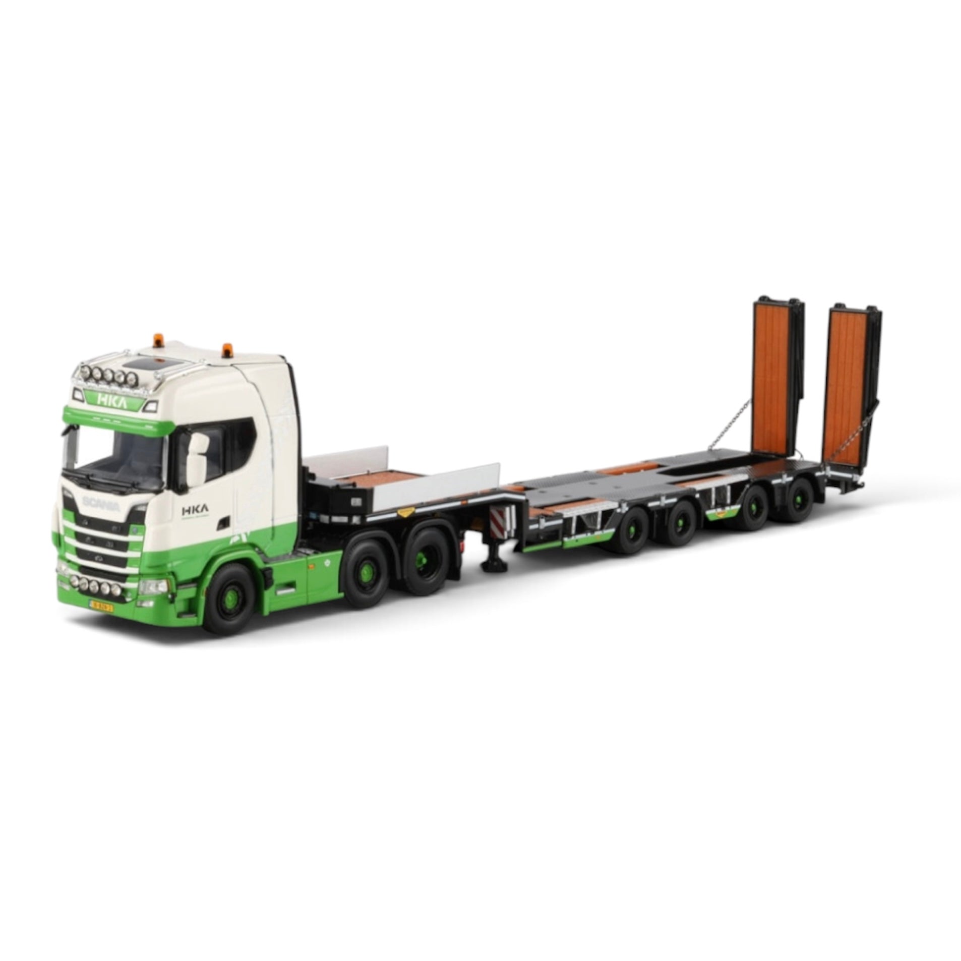 WSI HKA Scania S Highline CS20H 6x2 with Broshuis Wheel Well Semi Lowloader with Ramps