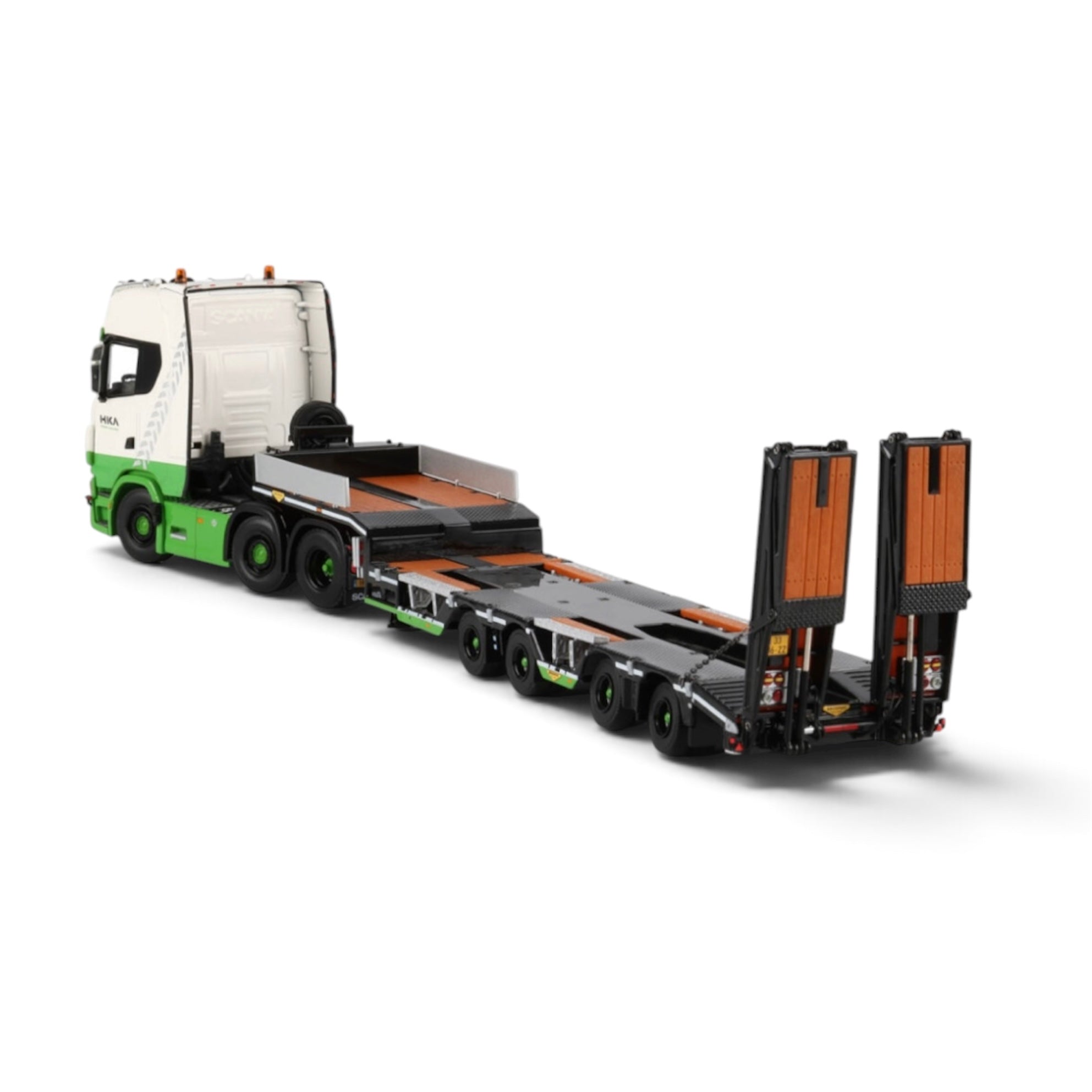 WSI HKA Scania S Highline CS20H 6x2 with Broshuis Wheel Well Semi Lowloader with Ramps rear quarter view