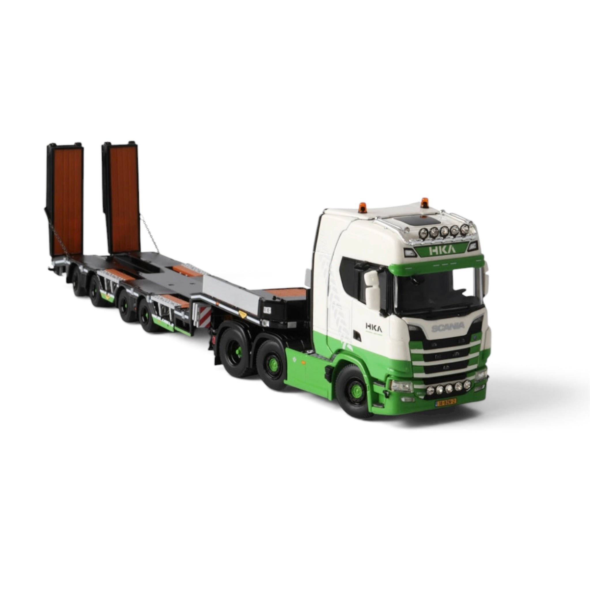 WSI HKA Scania S Highline CS20H 6x2 with Broshuis Wheel Well Semi Lowloader with Ramps front corner view