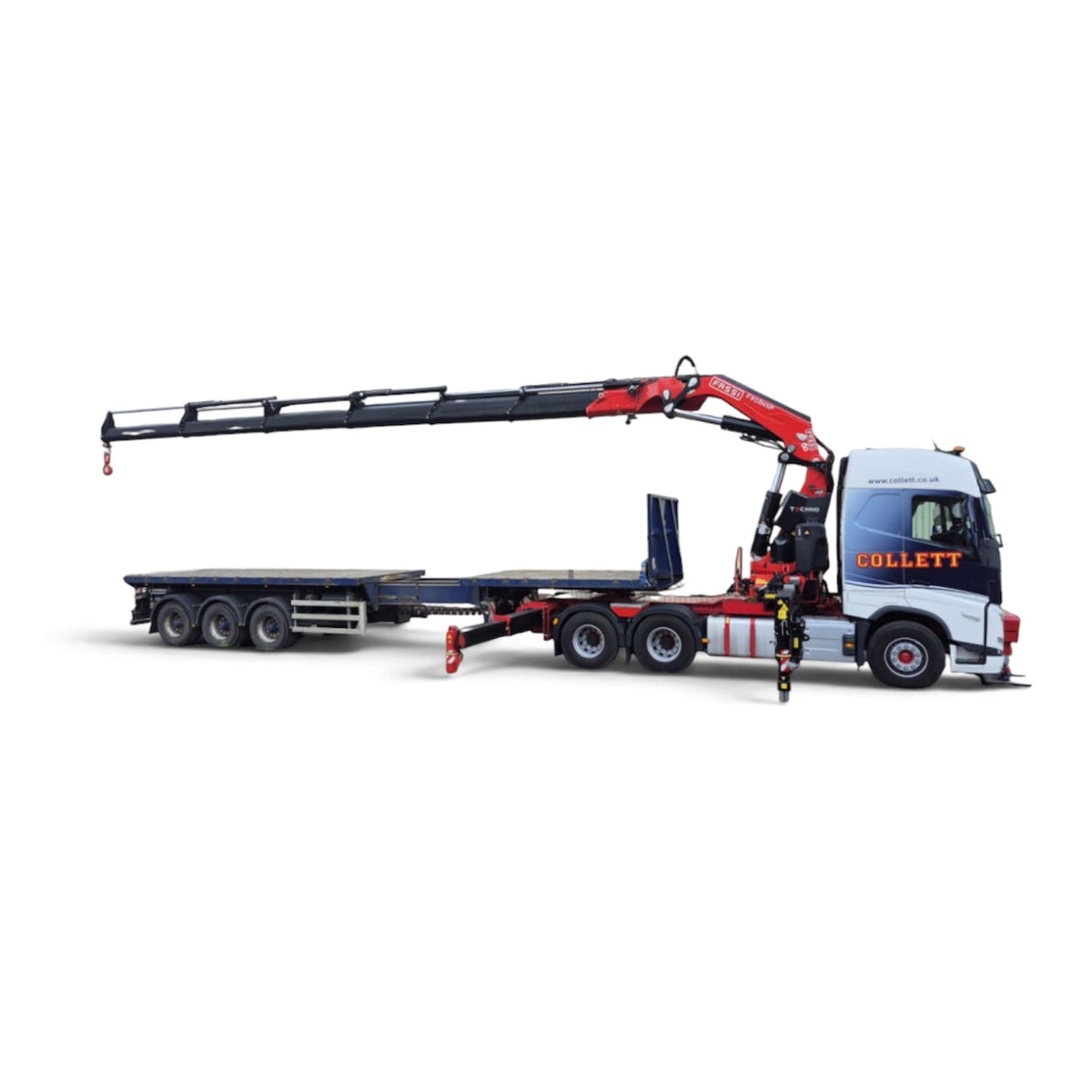 WSI Collett Volvo FH5 MY2024 Globetrotter 6x4 Flatbed Trailer - 3 Axle with Fassi 1100 side view